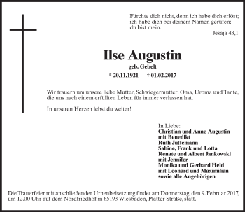 Traueranzeige von Ilse Augustin von Trauerportal Rhein Main Presse