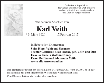 Traueranzeige von Karl Veith von Trauerportal Rhein Main Presse