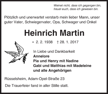 Traueranzeige von Heinrich Martin von Trauerportal Rhein Main Presse