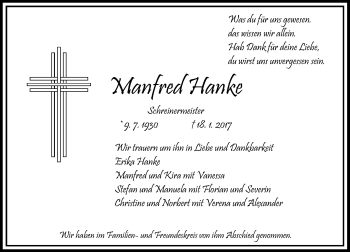 Traueranzeige von Manfred Hanke von Trauerportal Rhein Main Presse