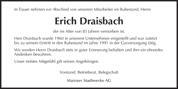 Traueranzeige von Erich Draisbach von Trauerportal Rhein Main Presse