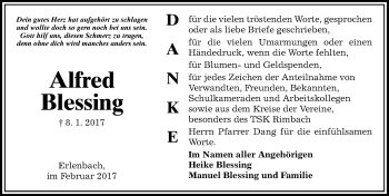 Traueranzeige von Alfred Blessing von Trauerportal Echo Online