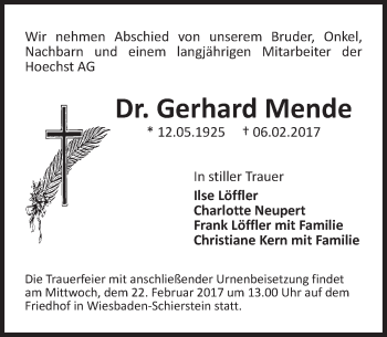 Traueranzeige von Gerhard Mende von Trauerportal Rhein Main Presse