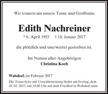 Traueranzeige von Edith Nachreiner von  Camberger Anzeiger