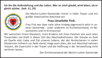 Traueranzeige von Lieselotte Fink von Trauerportal Echo Online