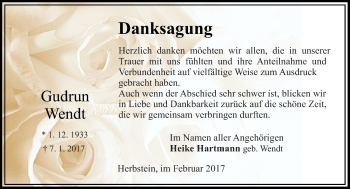 Traueranzeige von Gudrun Wendt von VRM Trauer