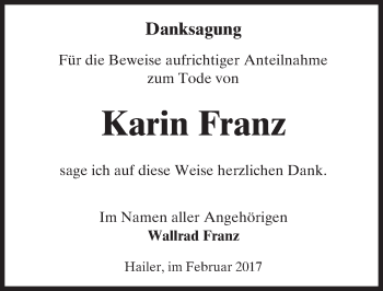 Traueranzeige von Karin Franz von  Gelnhäuser Tageblatt