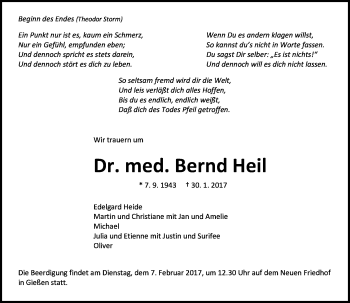 Traueranzeige von Bernd Heil von  Gießener Anzeiger