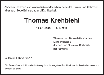 Traueranzeige von Thomas Krehbiehl von  Gießener Anzeiger