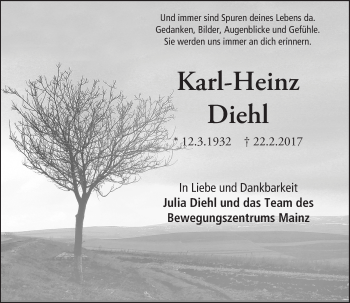 Traueranzeige von Karl-Heinz Diehl von Trauerportal Rhein Main Presse