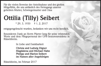 Traueranzeige von Ottilia Seibert von Trauerportal Rhein Main Presse