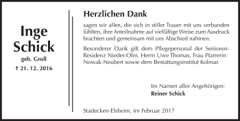 Traueranzeige von Inge Schick von Trauerportal Rhein Main Presse