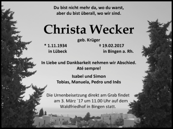 Traueranzeige von Christa Wecker von Trauerportal Rhein Main Presse