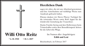 Traueranzeige von Willi Otto Reitz von  Kreisanzeiger