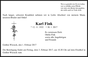 Traueranzeige von Karl Fink von  Gießener Anzeiger