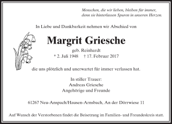Traueranzeige von Margrit Griesche von  Usinger Anzeiger