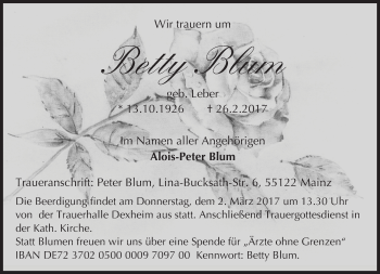 Traueranzeige von Betty Blum von Trauerportal Rhein Main Presse