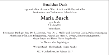 Traueranzeige von Maria Busch von Trauerportal Rhein Main Presse