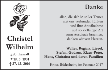 Traueranzeige von Christel Wilhelm von Trauerportal Rhein Main Presse