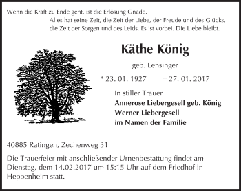 Traueranzeige von Käthe König von Trauerportal Echo Online