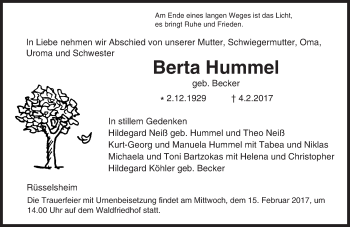 Traueranzeige von Berta Hummel von Trauerportal Rhein Main Presse