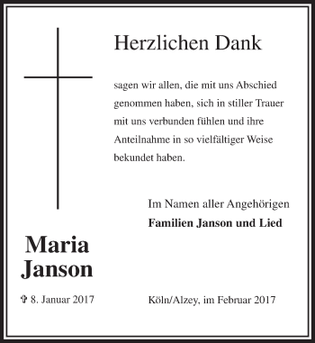 Traueranzeige von Maria Janson von Trauerportal Rhein Main Presse