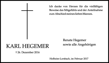 Traueranzeige von Karl Hegemer von Trauerportal Rhein Main Presse