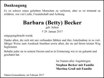 Traueranzeige von Barbara Becker von Trauerportal Rhein Main Presse