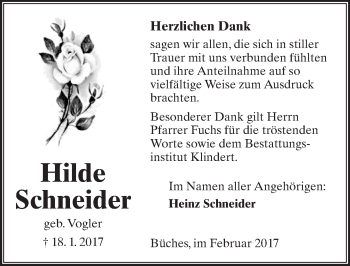 Traueranzeige von Hilde Schneider von  Kreisanzeiger