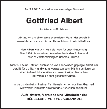 Traueranzeige von Gottfried Albert von Trauerportal Rhein Main Presse