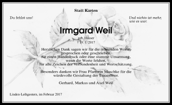 Traueranzeige von Irmgard Weil von  Gießener Anzeiger