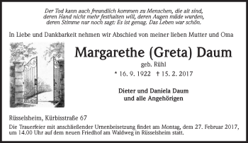 Traueranzeige von Margarethe  Daum von Trauerportal Rhein Main Presse