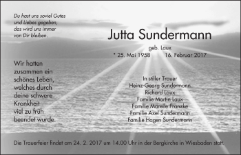 Traueranzeige von Jutta Sundermann von Trauerportal Rhein Main Presse