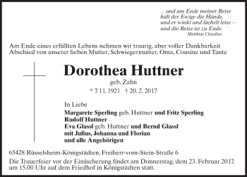 Traueranzeige von Dorothea Huttner von Trauerportal Rhein Main Presse