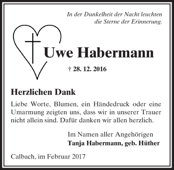 Traueranzeige von Uwe Habermann von  Kreisanzeiger