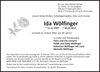 Traueranzeige von Ida Wölfinger von Trauerportal Rhein Main Presse