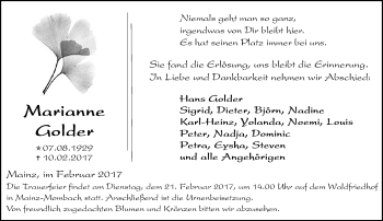 Traueranzeige von Marianne Golder von Trauerportal Rhein Main Presse