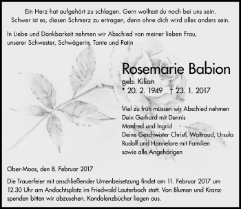 Traueranzeige von Rosemarie Babion von VRM Trauer
