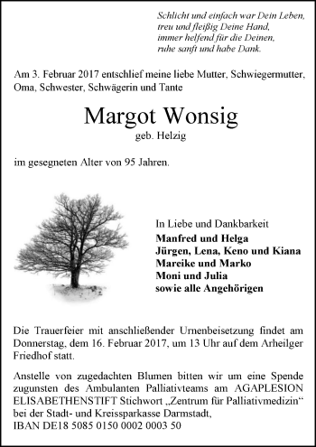 Traueranzeige von Margot Wonsig von Trauerportal Echo Online