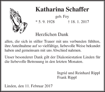 Traueranzeige von Katharina Schaffer von  Gießener Anzeiger