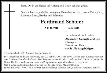 Traueranzeige von Ferdinand Schofer von Trauerportal Rhein Main Presse