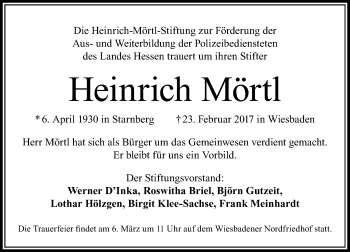 Traueranzeige von Heinrich Mörtl von Trauerportal Rhein Main Presse