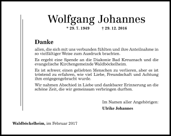 Traueranzeige von Wolfgang Johannes von Trauerportal Rhein Main Presse