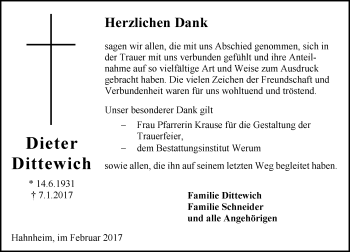 Traueranzeige von Dieter Dittewich von Trauerportal Rhein Main Presse
