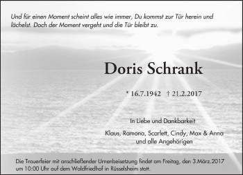Traueranzeige von Doris Schrank von Trauerportal Rhein Main Presse