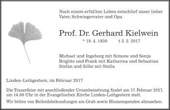 Traueranzeige von Gerhard Kielwein von  Gießener Anzeiger