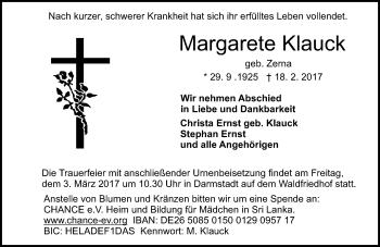 Traueranzeige von Margarete Klauck von Trauerportal Echo Online