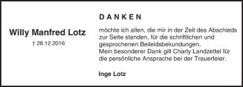 Traueranzeige von Willy Manfred Lotz von Trauerportal Echo Online