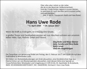 Traueranzeige von Hans Uwe Rode von Trauerportal Rhein Main Presse
