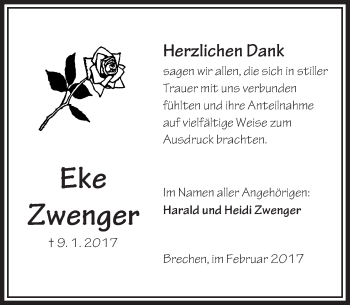 Traueranzeige von Eke Zwenger von  Camberger Anzeiger
